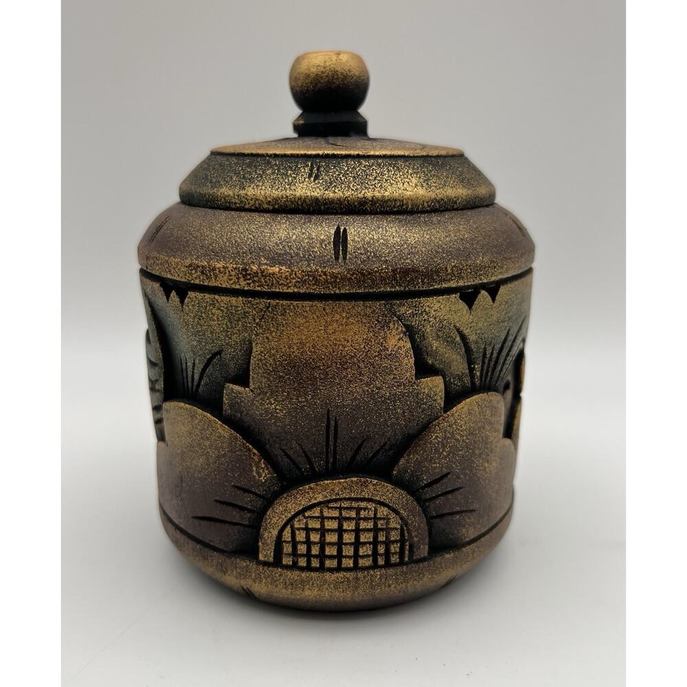 Hand Carved Mahogany Wood Floral Trinket Box 5.5” Made in Bali Artist Signed
